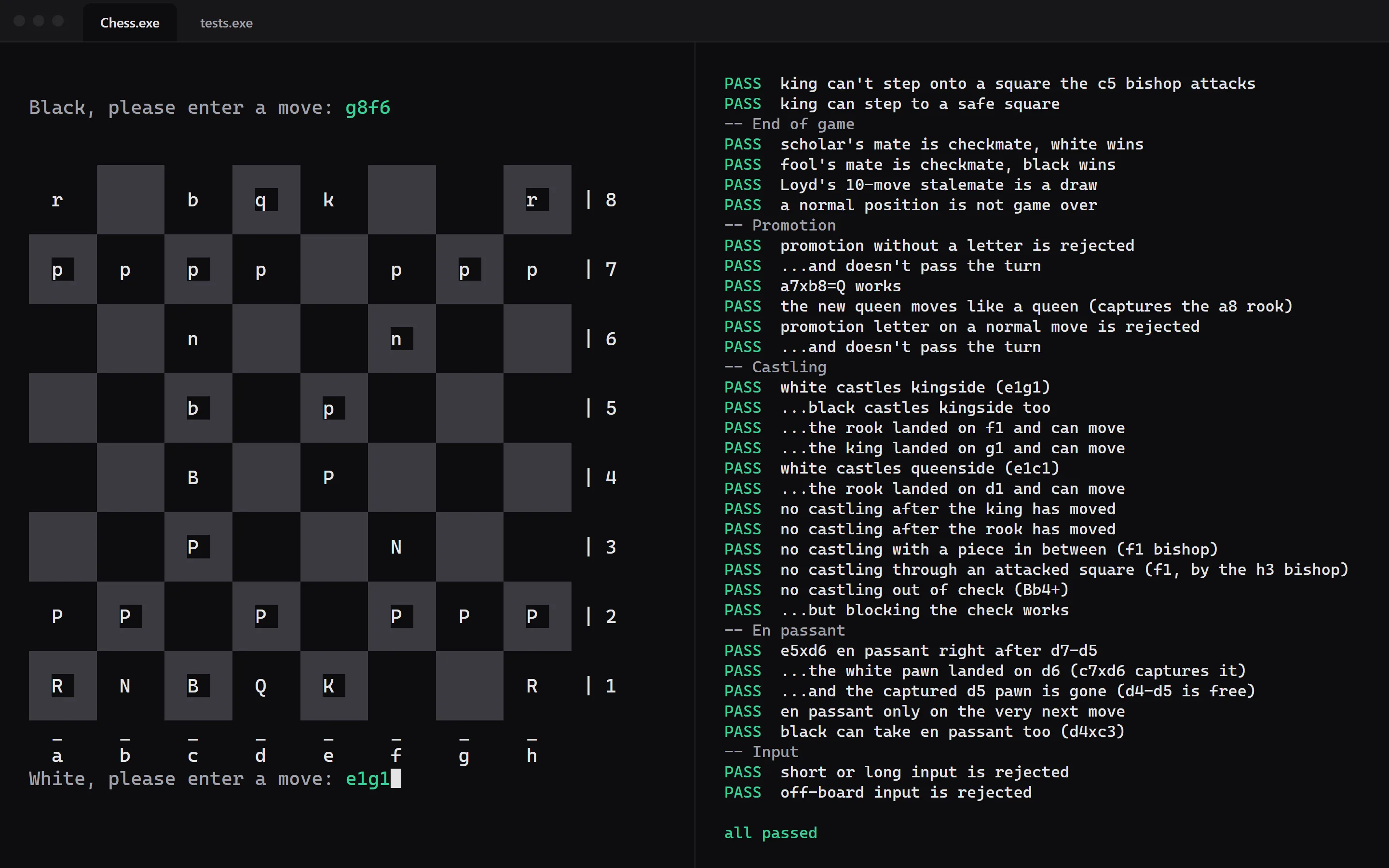The chess game in a terminal, waiting for White to castle, next to the test suite passing