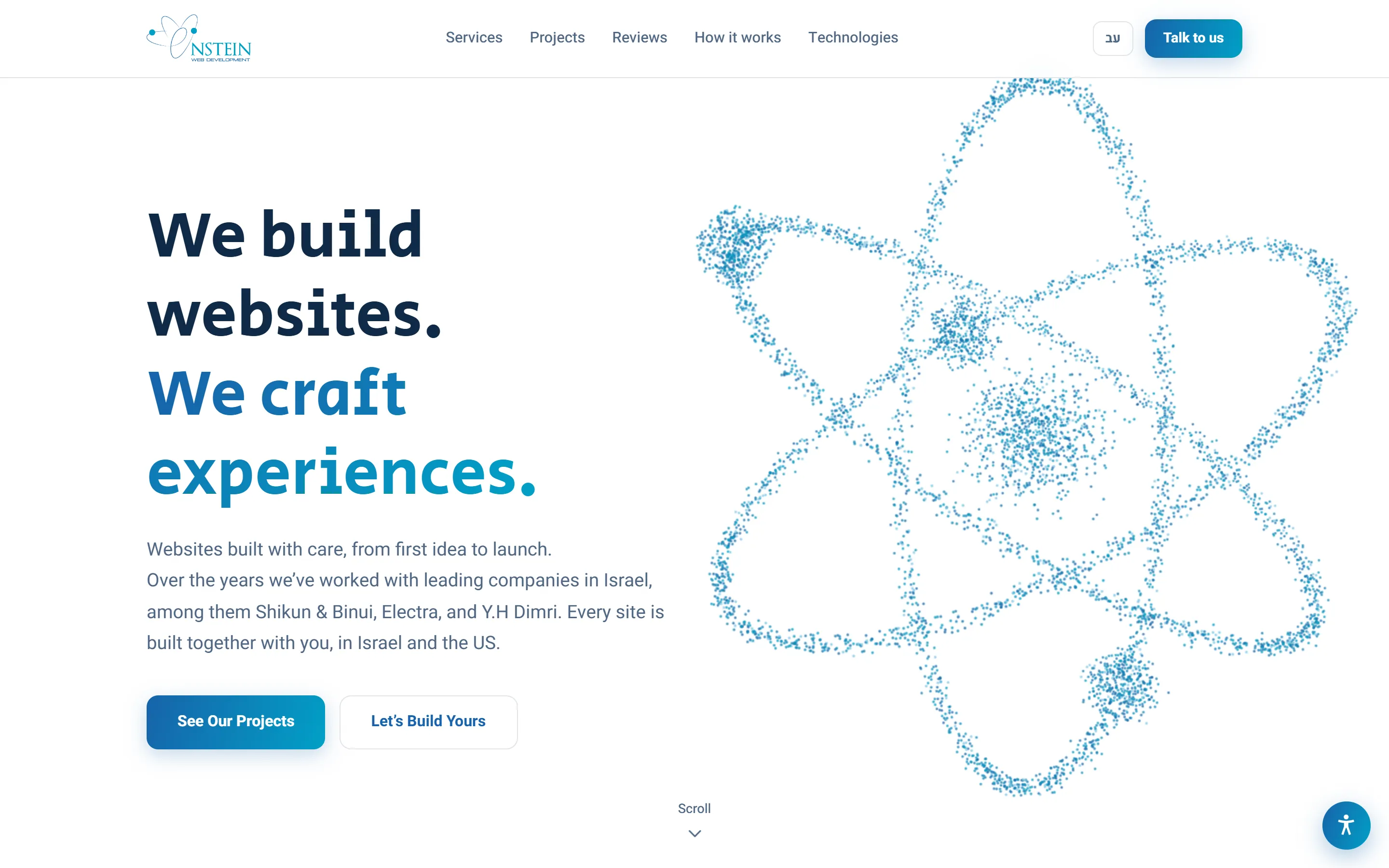 The Einstein Web homepage: "We build websites. We craft experiences." next to an animated atom made of particles